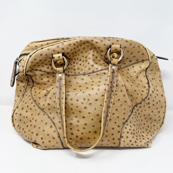 Zara Ostrich Embossed Beige Leather Duffle Bag Large Travel Size